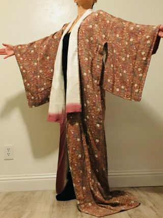 Dark Pink Floral Long Large Vintage Japanese Silk Kimono Robe Authentic