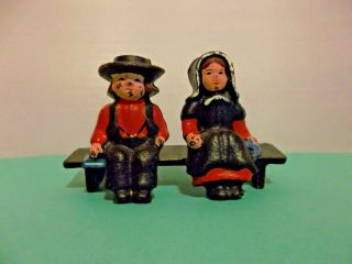 Vintage Cast Iron Metal Amish Boy Girl Couple Bench Seaters Figurines Miniatures