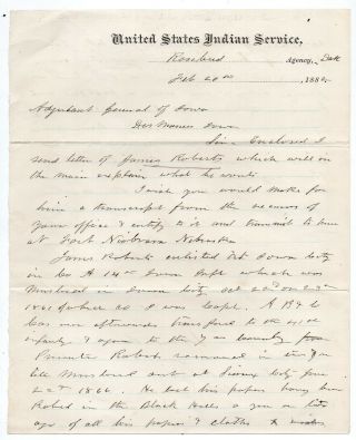 1884 Gen.  Pattee Letter Indian Service,  Rosebud Agency Dakota Territory