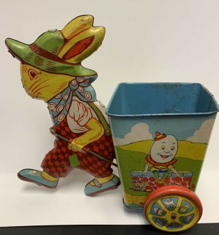 Vintage Easter Bunny Rabbit Pulling Cart,  Tin Litho Toy,  1950 
