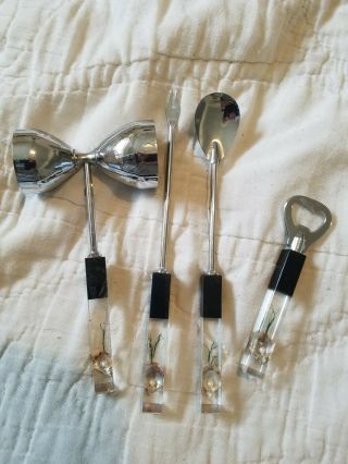 Vintage 4 Piece Bar Tool Set With Clear Lucite Handles With A Shell And Sea Weed