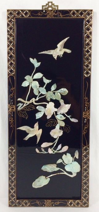 Vtg Large Oriental Mother Of Pearl Black Lacquer Wall Panel 24 " X10 " Bird Flower