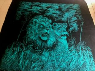 Vintage San Marcos Blanket Reversible Blue Green & Black Lion Lioness 82 " X 92 "