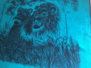Vintage San Marcos Blanket Reversible Blue Green & Black Lion Lioness 82 