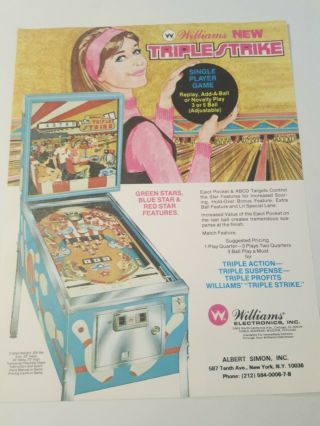 1975 Williams Triple Strike Vintage Pinball Machine Flyer Ad Nos