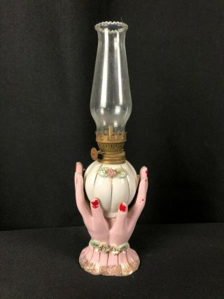 Vintage Relco Japan Oil Lamp,  Porcelain Hand & Rose Motif - Hand Painted