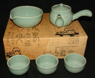 Traditional Vintage Korean Celadon 6 Piece Tea Set Signed W/ Box