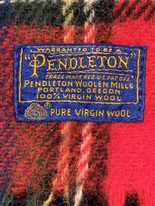 Vintage Pendleton RED Plaid Fringed Throw Blanket 100 Virgin Wool 52 