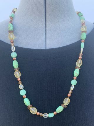 Vintage Czech Art Deco Uranium Glass Bead Necklace Faceted And Molded Beads