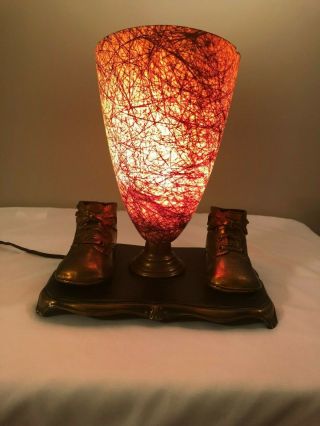 Vintage Mcm Bronzed Baby Shoes Lamp With Fiberglass Shade