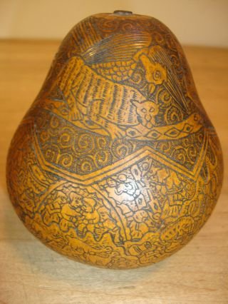 Vintage South American Peruvian Fauna Carved Gourd Calabash Animals Snake People