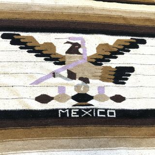 Vtg Woven Weaved Mexican Blanket Rug Tribal Eagle Snake Handwoven Wool Fringe 2