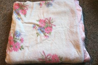 Vintage Blanket Pink Colored Satin Edge Trim 70 " X 77 " Flowers Soft Lightweight