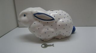 Vintage Tiffany & Company Austria Ceramic Rabbit Coin Bank & Key/blue Polka Dots