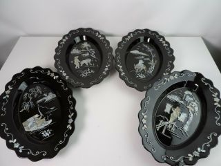 Black Lacquer Mother Of Pearl Inlay Asian Chinese Oval Scallop Plates 4 Plaques