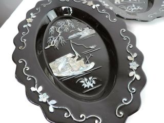 Black Lacquer Mother of Pearl Inlay Asian Chinese Oval Scallop Plates 4 Plaques 2