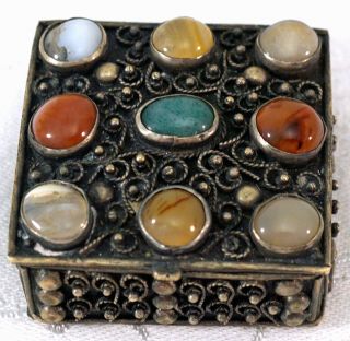 Southeast Asia Or Indian Silver Trinket / Stash Box With Semi Precious Gemstones