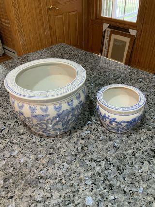 Set Of 2 Chinese Blue And White Porcelain Fish Bowl Planters.