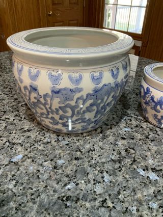 Set Of 2 Chinese Blue And White Porcelain Fish Bowl Planters. 2