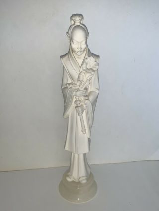 Vintage White Porcelain Statue Asian Man With Flower Marble Base Made In Italy