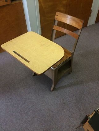 Vtg Elementary Large School Desk,  Cubby Arm Student Chair Wood Mid Century
