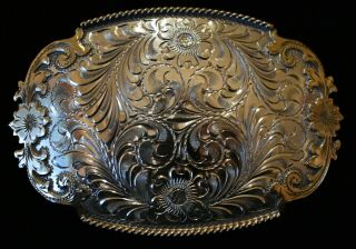 Vintage Sterling Silver Overlay Western Belt Buckle By Frontier Silversmiths