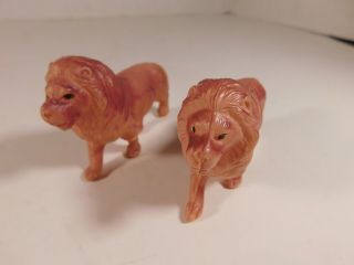 2 Vintage Christmas Putz Celluloid Toy Lions,  3 1/2 Inches Long