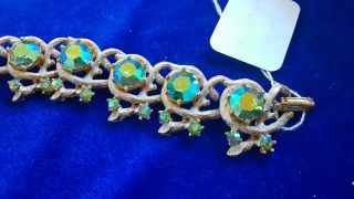 Vintage Filigree And Green And Yellow Aurora Borealis Bracelet 7 In