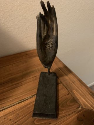 Vintage Buddha Metal Hand Figurine With Wood Base Rare Find