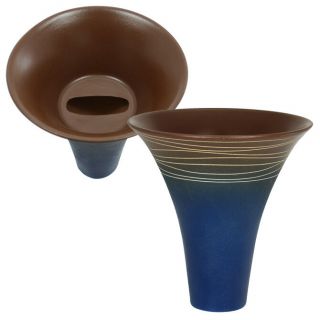 Japanese Ikebana Vase Funnel Flower Arranging 8 " H Ceramic Matte Blue Brown Lines