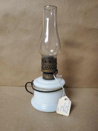 Vintage Miniature Antique 1894 Milk Glass Oil Lamp 7 Inches Nutmeg Container