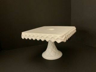 Vintage Indiana Glass White Milk Glass Square Pedestal Cake Stand With Rum Well