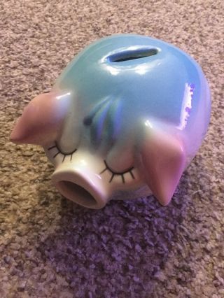 Vintage Hull Pottery Co.  Corky Pig Piggy Bank (1957) Blue Pink Missing Cork 002