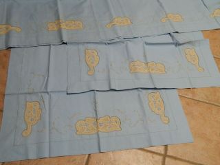 Vtg Italian Blue Linen Hand Embroidered & Cut Work 3 Pc Sheet Set
