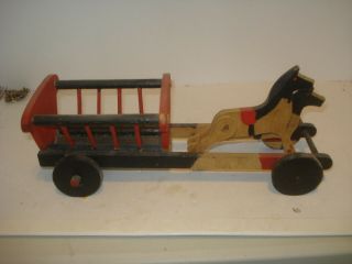 Folk Art Vintage Horse Drawn Pull Cart Wagon With Wooden Horses Pull Toy