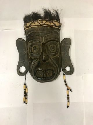 Antique Wood Carved African Tribal Mask With Jewelry