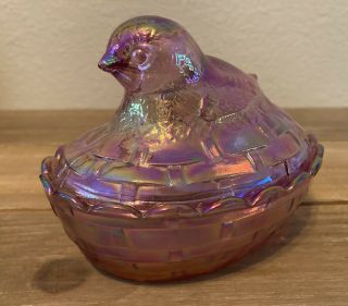 Vintage Fenton Art Glass Easter Rose Pearl Chick On Basket