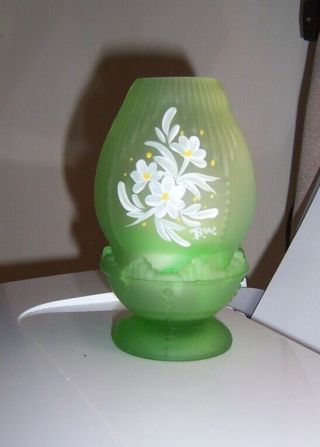 Vintage Light Green Satin Glass Two Piece Small Fairy Lamp W/daisy Artist Sign