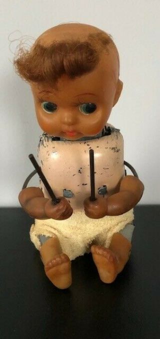 Vintage Metal And Hard Plastic Mechanical Wind - Up Doll W/curls 1963