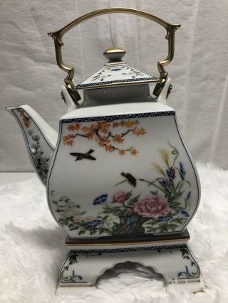 Vintage 1986 Fp Japanese Porcelain Oriental Asian Scenes Teapot W/stand Signed