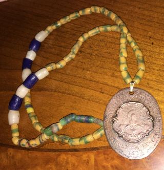 1837 Republic Of Texas Comanche Fur Trade Medal On A Glass Trade Bead Necklace