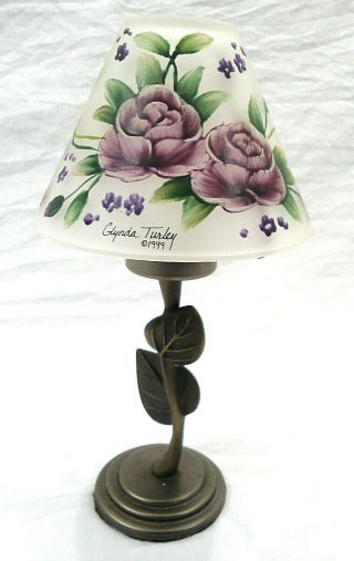 Vintage Glynda Turley Hand Painted Glass Shade Tea Light 1999 - Purple Roses