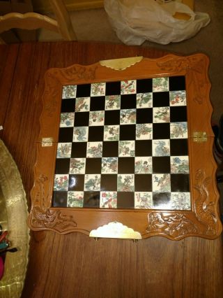 1970 Vintage Asian Hand Carved Wood Folding Chess Board