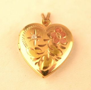 Vintage Gold Filled Heart Locket Pendant With Rose Gold Flower & Tiny Diamond