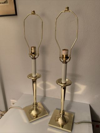 Set Two Polished Brass Finished Candlestick Table Accent Lamps