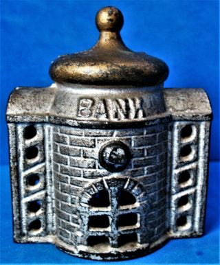Antique Dome Topped Bank Cast Iron Still Coin Bank Painted In Gold And Silver