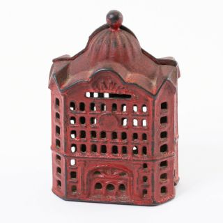 Antique Cast Iron Still Coin Bank Red Painted Bank Building 5 " Tall