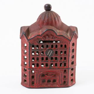 Antique Cast Iron Still Coin Bank Red Painted Bank Building 5 
