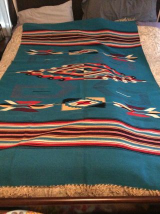 Vintage Mexican Indian Design Woven Rug Blanket - Bright Colors