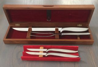 Vtg Gerber Legendary Blades Carving Set In Walnut Case And Steak Knives Set Of 2